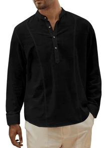 hoteel Men's Linen Henley Shirts Casual Long Sleeve Hippie Yoga Summer Beach Hawaii Hippie Button Down T-Shirt For Men - 黑色 - 查看 3