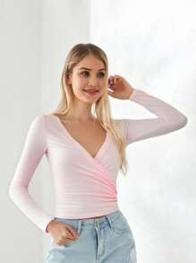 Women Ballet Wrap Top V Neck Solid Long Sleeve Self Tie Dance Shirt Pilates Yoga Tops Y2k Workout Active Blouses Clubwear For Daily Party - Hồng - Xem 6