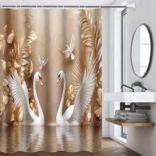 1/4pcs Elegant Swan Print Waterproof Shower Curtain Set With 12 Hooks, Floral And Golden Decorative Elements, Bathroom Decor Curtain With Toilet Cover, U-Shape Mat, Modern Home Bath Accessory, Machine Washable