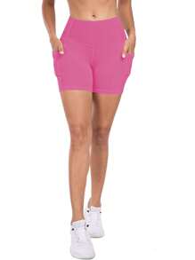 5pcs/Set Plus Size Women's High Waist Elastic Waisted Skinny Shorts, Compression, Pocketed Yoga Running Workout Shorts, Spring/Summer