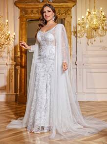 UNITHORSE Plus Size Women Sweetheart Collar, Batwing Sleeve, Sequins Embroidery, Lace Mesh Patchwork White Mermaid Wedding Dress Gown,Bride, All White Party Outfit Women - White - View 3