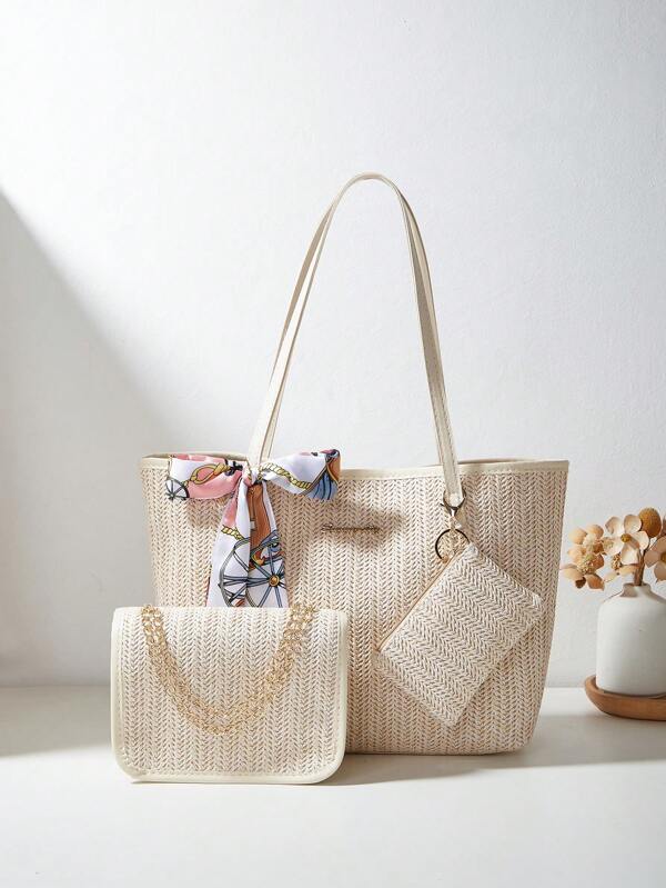 3 pièces Ensemble pour femmes comprenant : un foulard bandoulière, un sac fourre-tout, un sac à bandoulière avec chaîne, un porte-monnaie - Sac à main tressé en paille