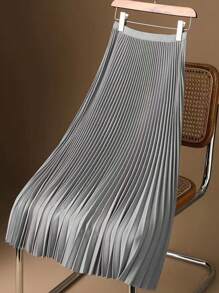 Satén Premium Color Sólido Falda Plisada Verano Delgado Medio Largo Rodilla Cintura Alta A-Line Falda Vestido Halter - Plateado - Ver 1