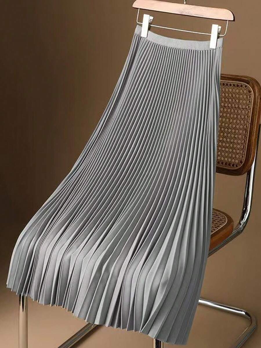 Satén Premium Color Sólido Falda Plisada Verano Delgado Medio Largo Rodilla Cintura Alta A-Line Falda Vestido Halter - Plateado - Ver 1