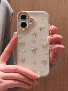 Glitter 3D Hollow Out Metal Heart Bow Phone Case Compatible With IPhone 17 Pro Max 16 15 14 13 12 Pro Max Plus 11 Women Cute Epoxy Clear Shockproof Cover - Gold - View 4