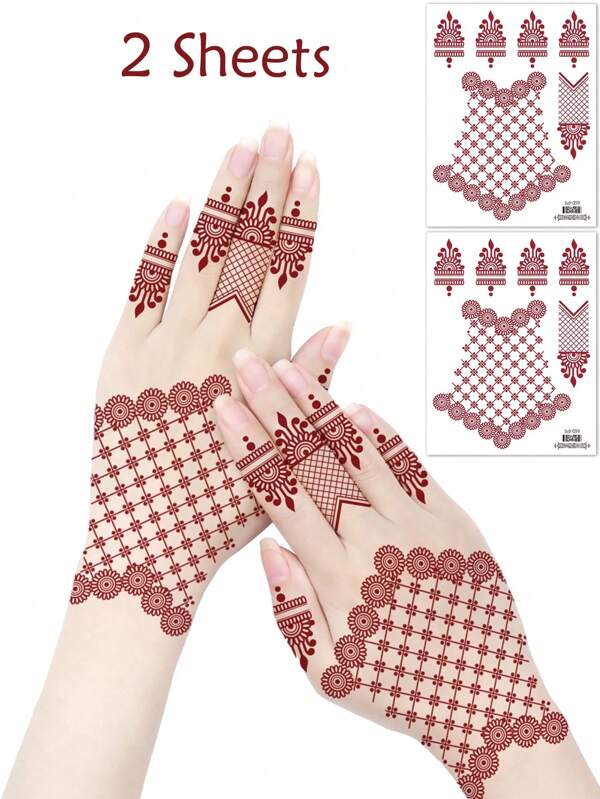 2 ملصق وشم مؤقت بالحناء البنية/الحمراء، تصميمات أزهار مؤقتة منقولة بالماء للأظافر، طراز أزياء، مناسب ل- 2 يد، وشم فني للسيدات