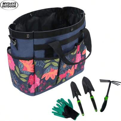 1pc Blue Background Red Flower Waterproof Garden Tool Bag, Outdoor Camping Hiking Multipurpose Shoulder Bag