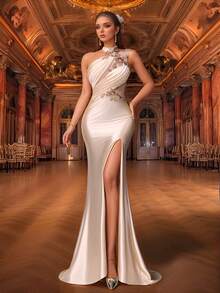 VIPGIRL Váy dạ hội satin một vai màu sâm panh xẻ cao, váy dạ hội đuôi cá gợi cảm dành cho nữ, váy maxi ôm sát đính hạt, váy dạ hội thảm đỏ thanh lịch, váy dự tiệc ôm vừa vặn quyến rũ - Vàng - Xem 5