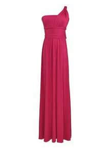 Versatile Solid Color Long Bridesmaid Dress, Twisted Waist A-Line Formal Wedding Party Evening Gown - Hot Pink - View 9