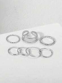 7pcs/Set Fashionable Simple Metal Twist Design Knuckle Rings, Women Finger Ring Set - Antique Silver - View 3