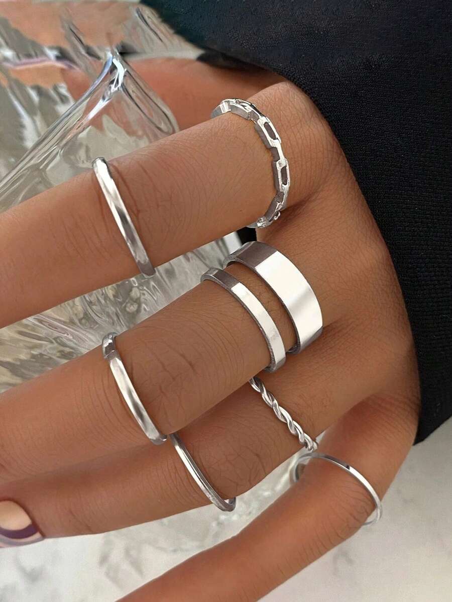 7pcs/Set Fashionable Simple Metal Twist Design Knuckle Rings, Women Finger Ring Set - Antique Silver - View 1