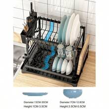 Estante para Platos de Metal Antioxidante de 2 Niveles con Bandeja Escurridora y Porta Utensilios - Organizador Ahorra Espacio para Secar y Almacenar Vajilla y Utensilios - Negro - Ver 2
