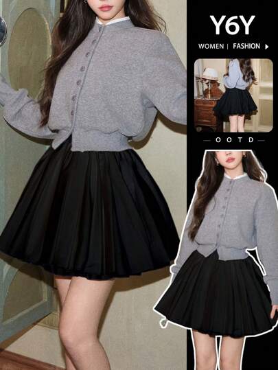 女式夏季高腰百褶迷你裙，柔软泡泡袖设计，白色