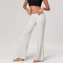 Womens Flare Leggings Fold Over Yoga Pants Y2K Low Rise Wide Leg Sweatpants Bell Bottom Buttery Soft Leggings - 灰色 - 查看 4