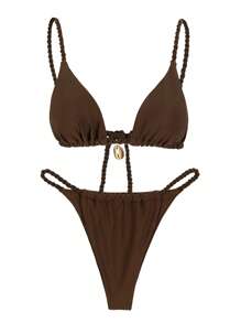 Bộ bikini nữ màu trơn, kiểu dáng giản dị, gợi cảm, thắt bím, phong cách châu Âu và Mỹ, hàng mới về mùa xuân/hè, thích hợp cho đi biển, dự tiệc, hẹn hò, du lịch. - Màu Khaki - Xem 2