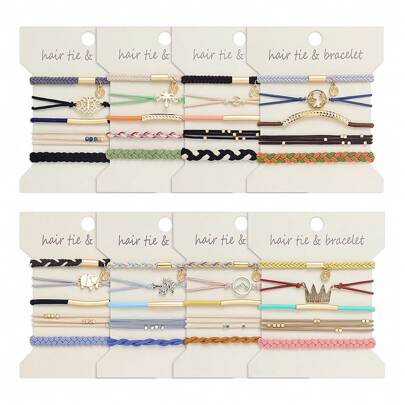 5件/4件装女士时尚手链发圈套装，马尾辫发圈弹性无损编织发绳，多款式时尚手链发圈二合一发圈橡皮筋发绳发带