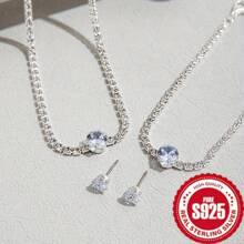 925 Sterling Silver Light Luxury Temperament Four Piece Set, Necklace, Earrings, Bracelet, Hypoallergenic, High-End Banquet, Wedding, Party Jewelry Gift For Womensilvery - Four Piece Set - View 6