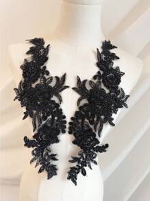 3D Black Mesh Flower Patch, Paired With Black Sequins And Beads - Sewn - Charming DIY Decoration (1 Pair) - Black - View 7