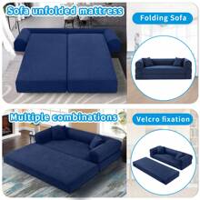 Compression Sofa - Convertible Floor Foldable Sofa Bed - With 2 Pillows, Corduroy, Queen Size - Blue - View 2