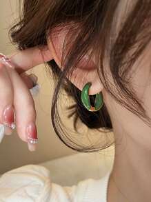1 对简约几何圆形绿滴油设计优雅奢华女士环形耳环 - 綠色 - 查看 4