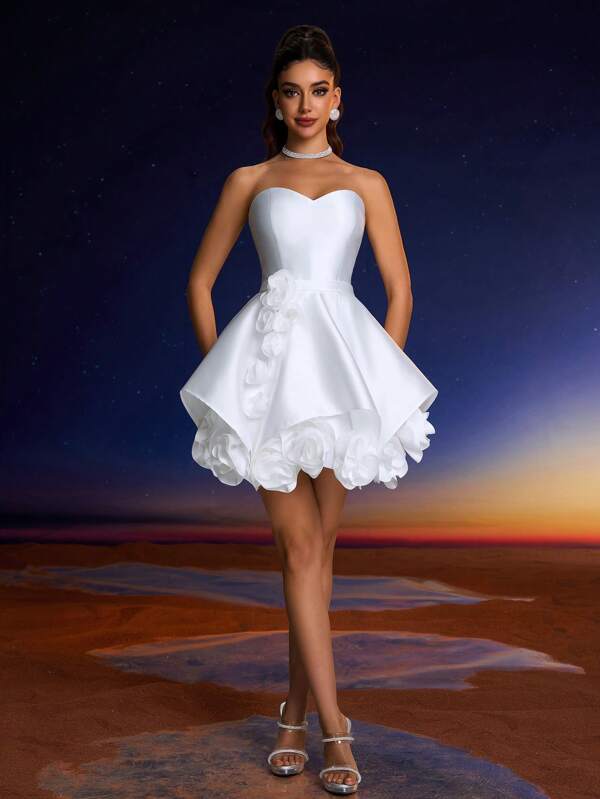 Vestido de Formatura Elegante Branco da Anymoon, Vestido Curto em Camadas com Barra Floral 3D, Adequado para Formaturas, Homecomings, Bailes Formais, Festas e Eventos de Casamento, Vestido de Festa