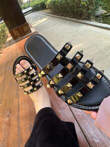 Damen Sommer Hausschuhe, Damen flache Riemensandalen, geeignet zum Tragen zu Kleidern, für Outdoor, am Strand, zu Hause, Schwarz rutschfest, Braun bequem, Gold und Silber Gladiator Sandalen