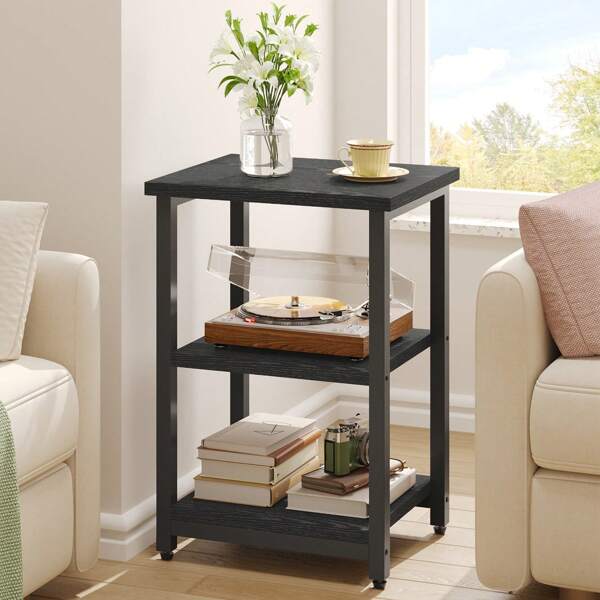 Modern 3-Tier Rectangular Side Table With Black Wood Grain Finish - Living Room End Table For Bedroom, Black