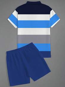 Plus Size 1 Set Men's Striped Print 2 Pieces Outfit, Includes Casual Polo Collar Short Sleeve Shirt And Shorts Set, Suitable For Summer, Men's Leisure Vacation Workout