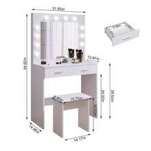 Jooli H Dressing Table Set With LED Lights Mirror, Vanity Makeup Table 2 Large Drawers And Stool, White - White - View 4