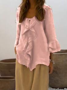 Conjunto casual de primavera/verano para mujer, camisa de bolsillo con botones y dobladillo con doble volante de unicolor, estilo retro, cómoda y transpirable, diseño de dobladillo con volante de alta calidad, camisa suelta y de moda con diseño de decoración de volante de unicolor, diseño único, camisa digna y elegante - Rosa - Ver 8