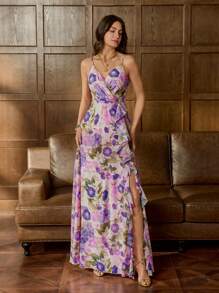 Elegant Floral Chiffon Cami Party Gown With Side Slit – Radiant Charm For Red Carpet Events, Weddings, Art Gallery Openings, Luxury Parties, And Black-Tie Dinners, Party Dress, Wedding Guest Dress, Formal Dress, Evening Dress - Pink - View 2