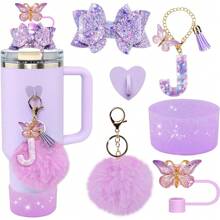 6Pcs Tumbler Cup Accessories Set - Butterfly Straw Topper Cover Cap, Bling Bow For Straw, Sparkly Silicone Boot, Letter Charm And Pompom For Water Bottle Cups Tumbler 40Oz 30Oz 20Oz, Back To School Supplies