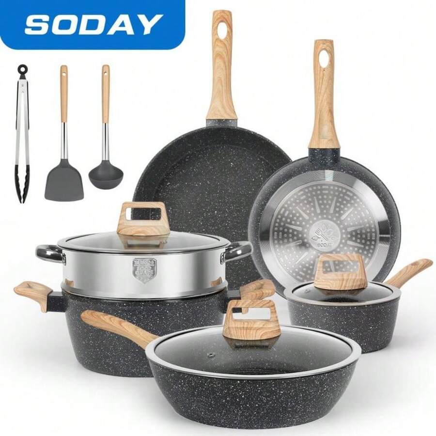 SODAY 12pcs Pots And Pans Set Non Stick Kitchen Cookware Sets Induction Cookware Nonstick Granite Cooking Set With Frying Pans, Saucepans, Steamer - 12pcs Black/most popular - View 1
