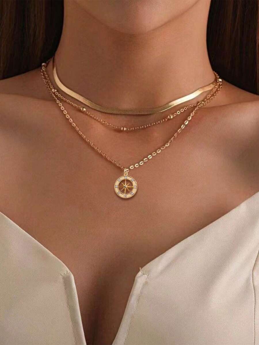 Nooxian 3pcs/Set Copper Round Hollow Star & Sun Cubic Zirconia Pendant Necklace, With Stainless Steel Flat Blade Chain, Layered Design Suitable For Women Beach Party Wear