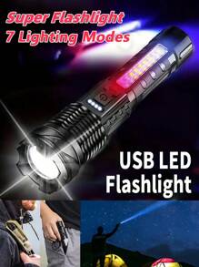1pc Multifunctional Ultra Bright Flashlight, 7 Modes, Type-C Rechargeable Flashlight With Lithium Battery, Adjustable Focal Length, COB Side Light, Black Flashlight, Suitable For Outdoor Hiking/Camping/Fishing/Hiking