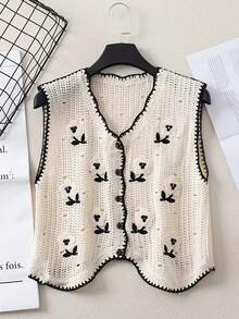 Women's Fashionable Retro Black & White Button-Up Knit Vest - Beige - View 2