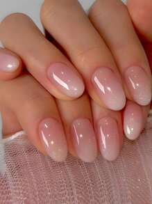 24pcs Short Oval Transparent Pink-White Ombre Nail Stickers, Suitable For Party, Wedding, Daily Wear