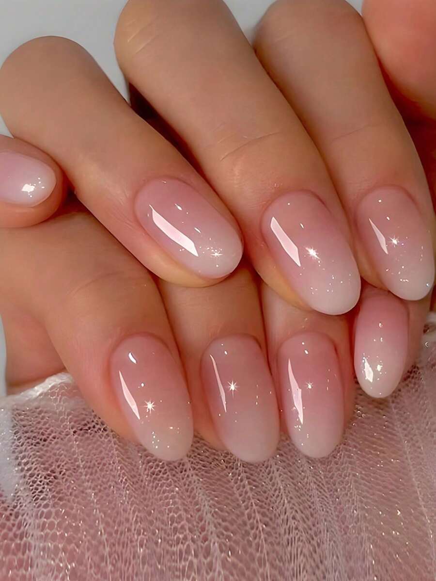 24pcs Short Oval Transparent Pink-White Ombre Nail Stickers, Suitable For Party, Wedding, Daily Wear