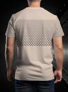 Men's Fashionable Light Beige Short Sleeve T-Shirt, Geometric Diamond Patchwork With Casual "B" Logo, Short Sleeve Men's Summer Outdoor Clothing Pullover