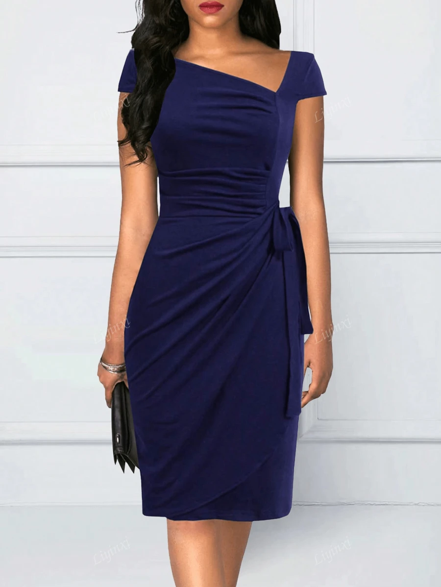 Women's Asymmetric Neckline Ruffle Cap Sleeve Vintage Wrap Dress