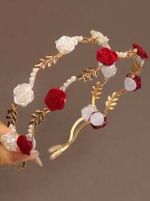 1pc Luxurious Faux Pearl Rose Flower Metal Wheat Ears Headband, Hair Accessory - Multicolor - View 2