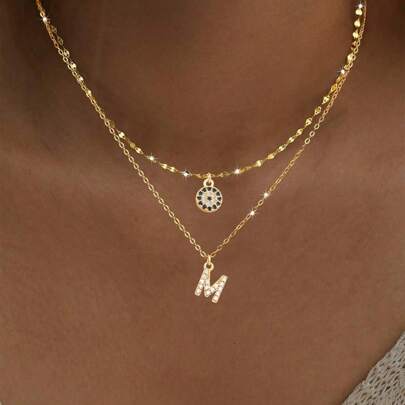 2件套简约时尚字母和圆形吊坠项链，不锈钢唇链，女士款