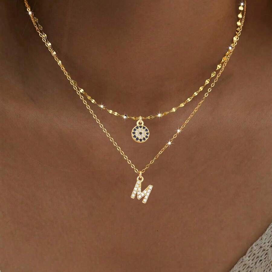 2件套简约时尚字母和圆形吊坠项链，不锈钢唇链，女士款 - 風格8 - 查看 1