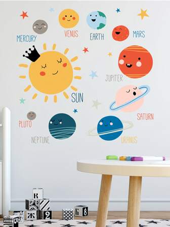 1 pieza Pegatina de pared educativa e inspiradora con sistema solar de dibujos animados coloridos, etiqueta engomada autoadhesiva de PVC resistente al agua, para decoración de guardería, salón de clases, habitación de niños, decoración del hogar, muebles, sala de estar, dormitorio