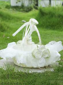 1 pieza Canasta grande para niña de las flores para bodas, canasta de boda de hadas, canasta de pétalos de marfil, confeti, dulces, suministros para fiestas, canasta de frutas, decoración del hogar, regalos, decoraciones de cumpleaños, decoraciones de fiesta, decoraciones de despedida de soltera, verano, playa, regreso a la escuela, suministros escolares, decoración de habitación