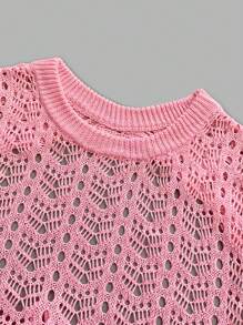 Women's Mid-Length Crew-Neck Hollowed-Out Backless Holiday Slim-Fit Knit Dress With Flared Sleeves Beach Cover Ups Crochet Mesh Bathing Suit Knot Dress Long Sleeve Backless Knitted Up Swimwear Mini Coverups Vacation Outfit, Spring Summer Fall - Pink - View 7