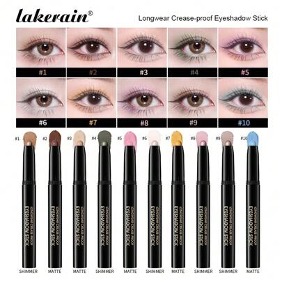 lakerain 10 Colors Longwear Crease-Proof Eyeshadow Pencil Stick Lasting Glitter Shimmer Matte Eye Shadow Highlighter Pen Eyes Makeup Tool
