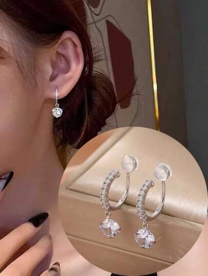 1pair Fashionable Round Cubic Zirconia Pendant Clip-On Earrings For Women, No Piercing Needed, Elegant & Slimming Silicone Ear Jewelry, Great For Mother's Day & Birthday Gift