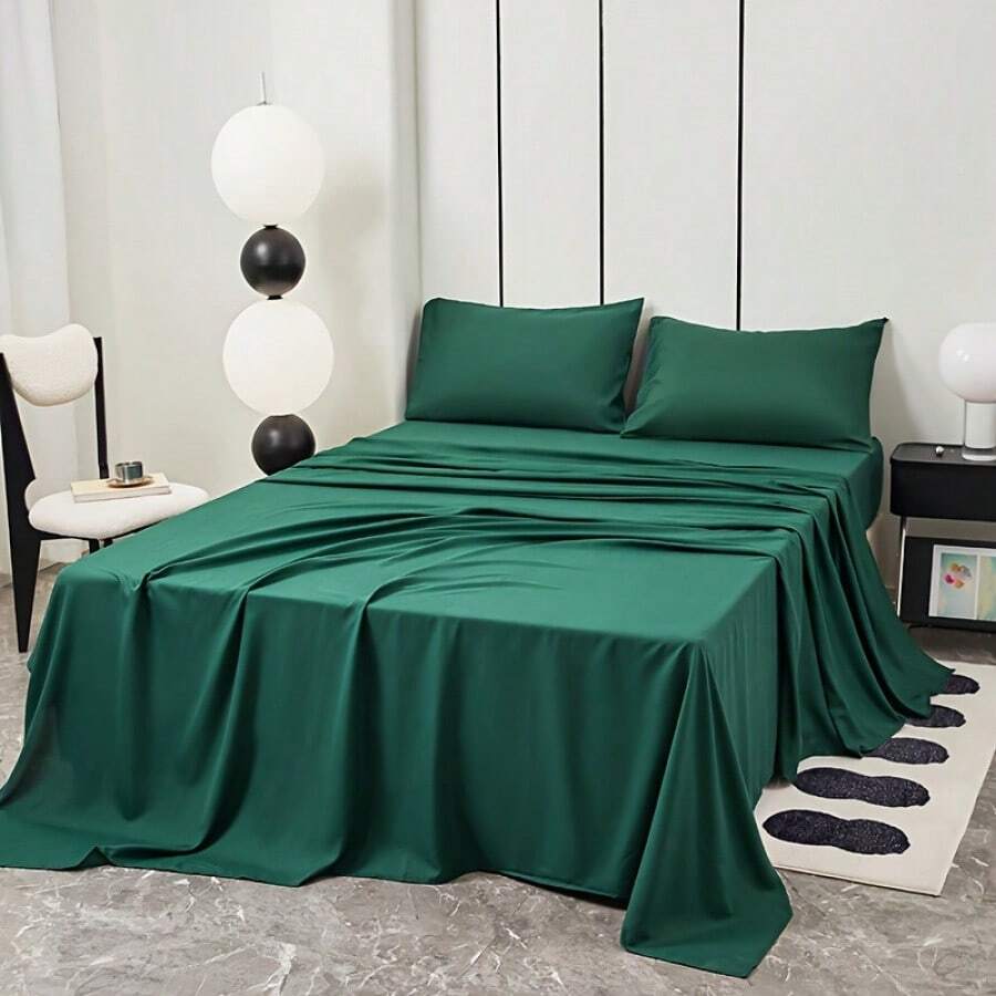 4-Piece Soft Brushed Microfiber Sheet & Pillowcase Set - Breathable, All-Season Bedding With 1 Fitted Sheet, 1 Flat Sheet, And 2 Pillowcases - Solid Color, Machine Washable, Comfortable Sleep Essentials - 墨綠色 - 查看 1