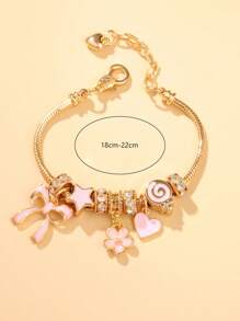 1 件女式可调节金色全水钻蝴蝶和心形花朵棒棒糖串珠手链，百搭日常佩戴